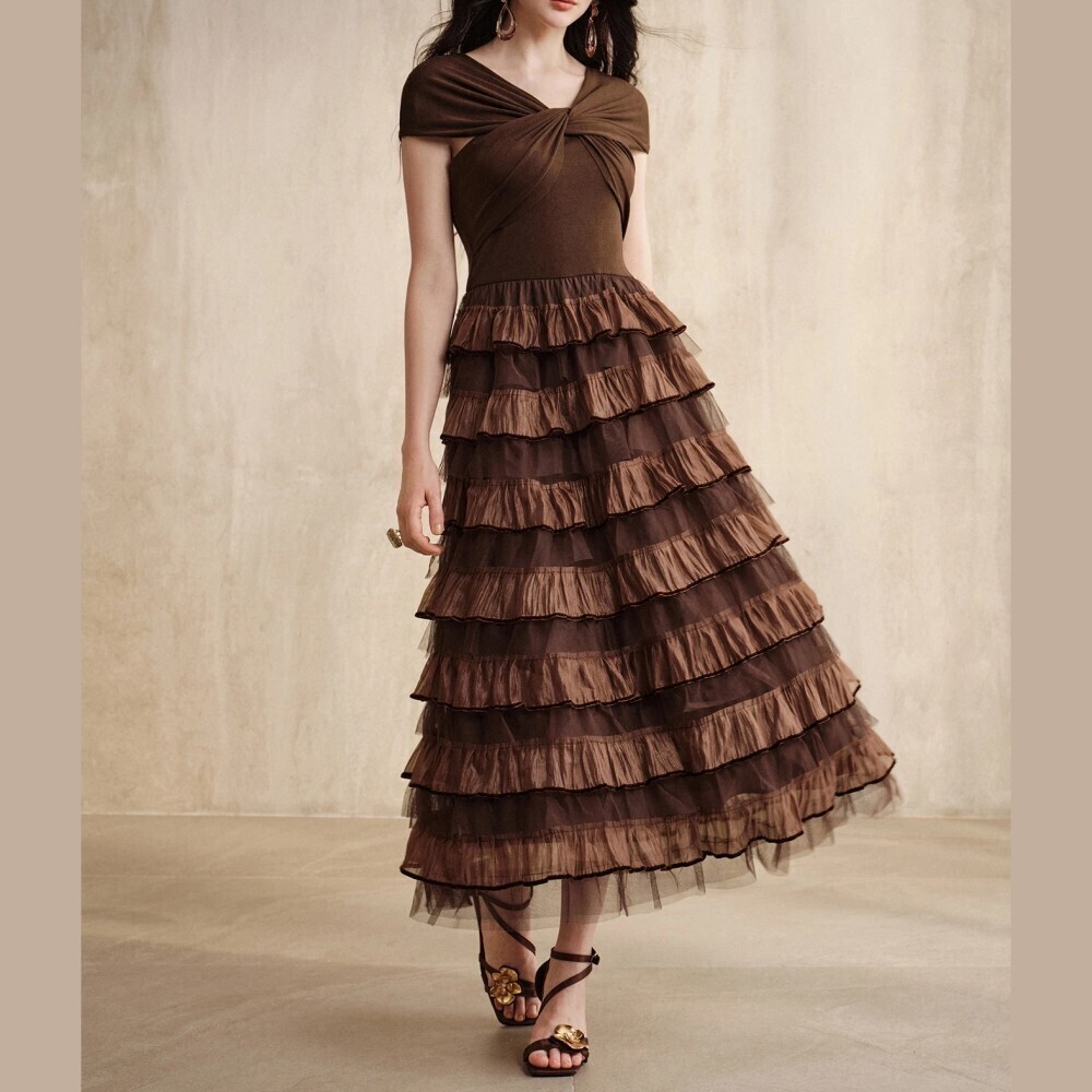 Brown Twist Front Knit Bodice Tiered Ruffle Mesh Maxi Dress